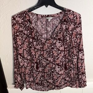 Lucky Brand M Peasant Top Floral Tassels Long Sleeve Hippie Blouse Boho